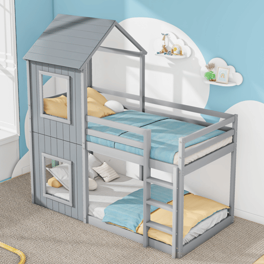 Beliche cabina 90x200 cm - madeira maciça - com 2 janelas - Cinzento