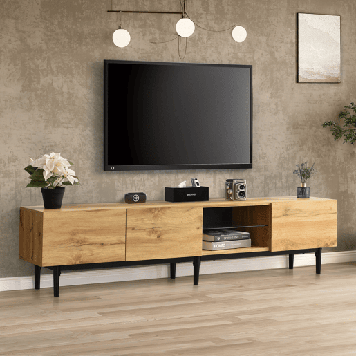 Armário TV com LED 175cm - 3 portas + 2 prateleiras - estilo industrial - Natural
