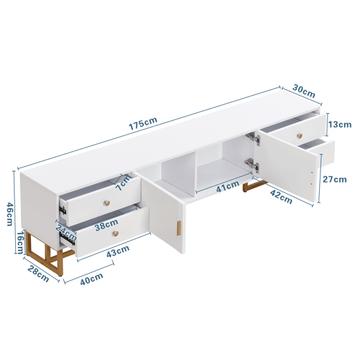 Móvel TV 175 cm - 2 portas texturadas e 4 gavetas - em MDF - Branco