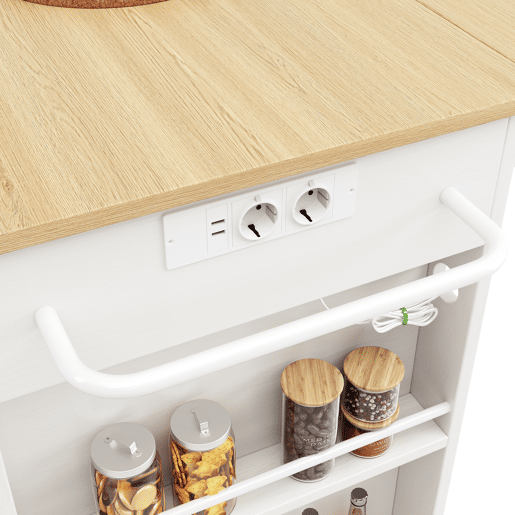 Aparador, armário de bar, carrinho com rodízios e tomadas - com tampa retrátil - 2 portas, 2 gavetas e 2 compartimentos - Branco