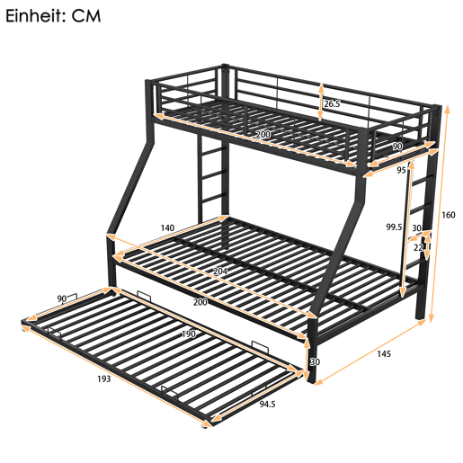 Beliche 90140x200cm com cama com gavetão 90x190cm - estrutura metálica - Preto Beliche 90140x200cm com cama com gavetão 90x190cm - estrutura metálica - Preto