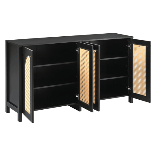 Aparador moderno com prateleiras reguláveis - portas de rotim - MDF - Preto