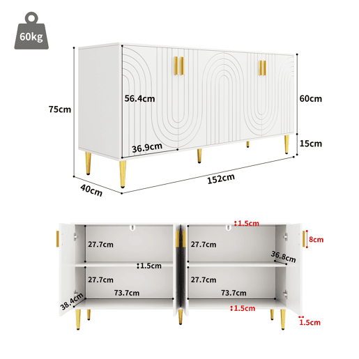 Aparador moderno - 4 portas com padrão ondulado - em MDF - Branco