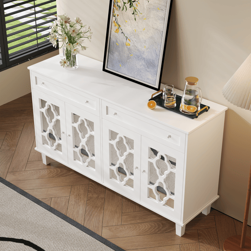 Aparador baixo - 2 portas de vidro com 2 gavetas e prateleiras reguláveis - Branco