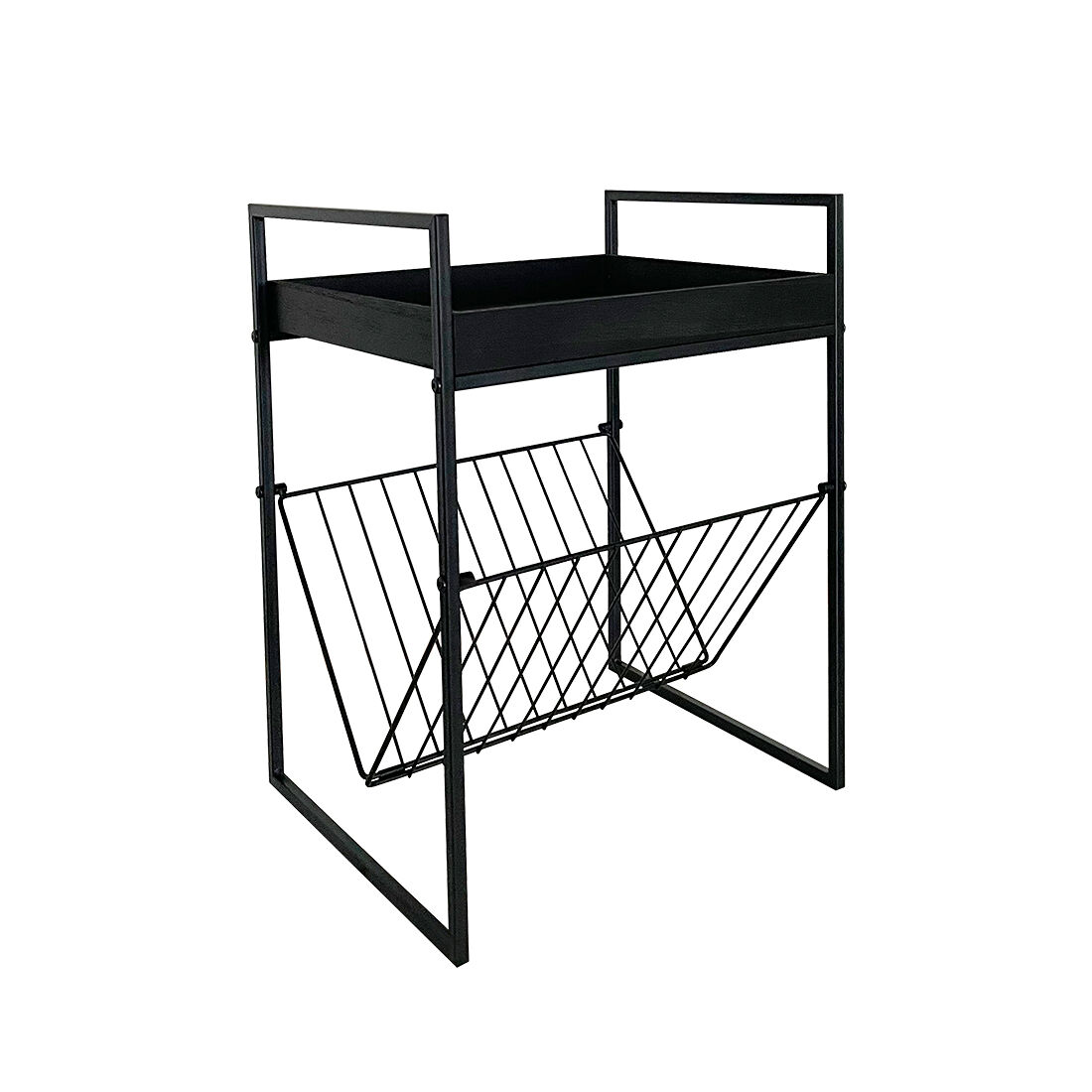 Acomoda textil – mesa auxiliar de metal práctica y decorativa. revistero con soporte para periódicos, revistas y libros en salón, recibidor y oficina. (29x36x47 cm)