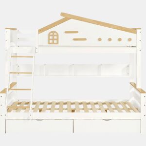 Beliche de madeira 90x200cm + 140x200cm - com escada e 2 gavetas - Natural e Branco
