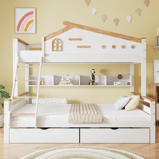 Beliche de madeira 90x200cm + 140x200cm - com escada e 2 gavetas - Natural e Branco