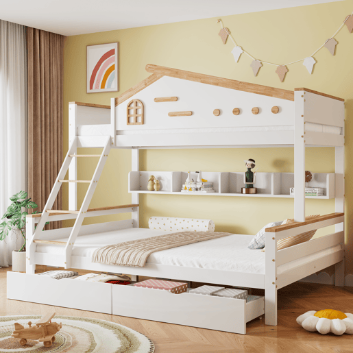 Beliche de madeira 90x200cm + 140x200cm - com escada e 2 gavetas - Natural e Branco