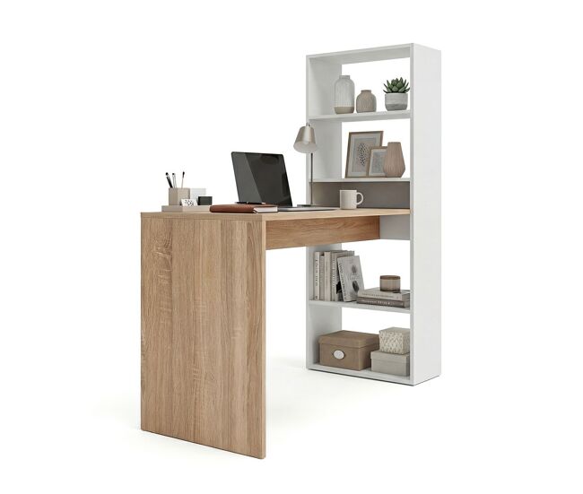 Mesa de escritorio con estantería en blanco artik y roble canadian 120x50 cm cosmic