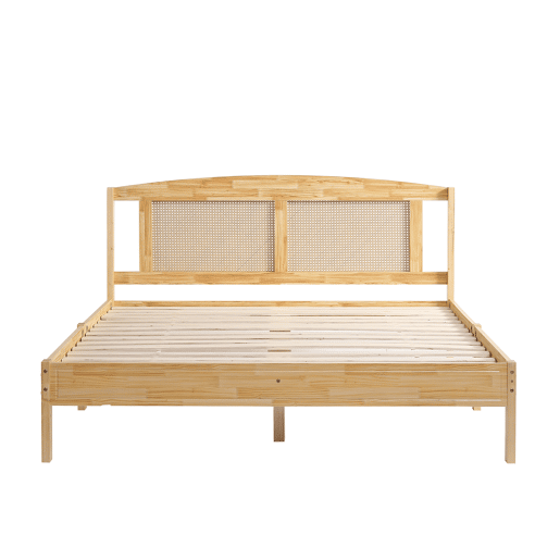 Cama de casal para adultos 160X200 cm - cabeceira em madeira de pinho e rotim - Natural