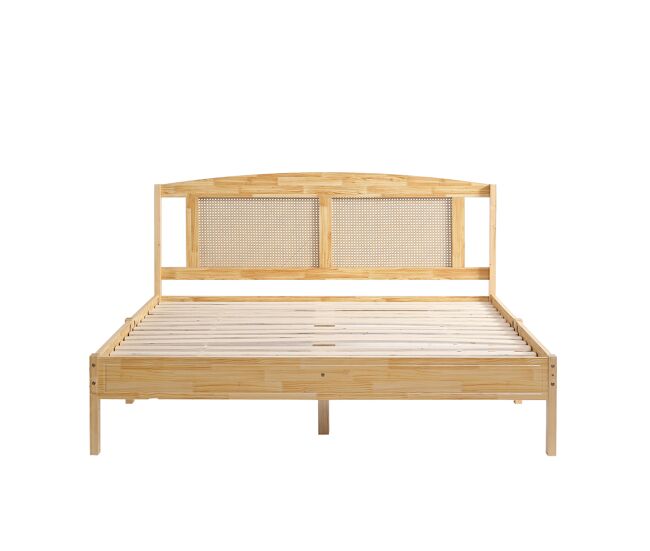 Cama doble de adulto 160x200 cm - cabecero de madera de pino y ratán - natural