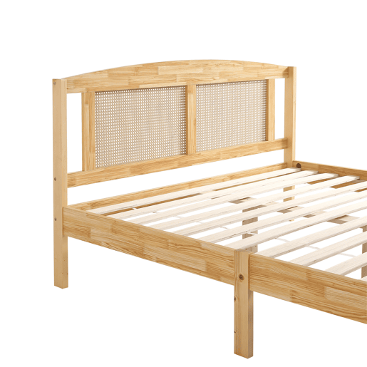 Cama de casal para adultos 160X200 cm - cabeceira em madeira de pinho e rotim - Natural