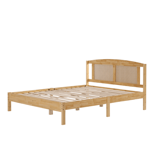 Cama de casal para adultos 160X200 cm - cabeceira em madeira de pinho e rotim - Natural
