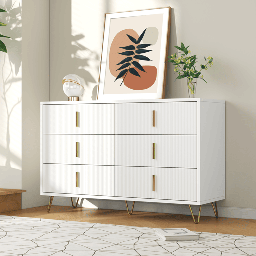 Aparador 120x40x77 cm - com 6 gavetas - puxadores dourados - Branco