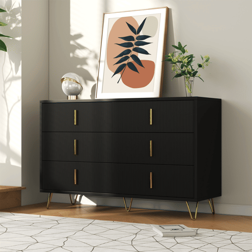 Aparador 120x40x77 cm - com 6 gavetas - puxadores dourados - Preto