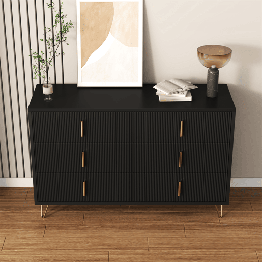 Aparador 120x40x77 cm - com 6 gavetas - puxadores dourados - Preto