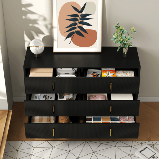 Aparador 120x40x77 cm - com 6 gavetas - puxadores dourados - Preto