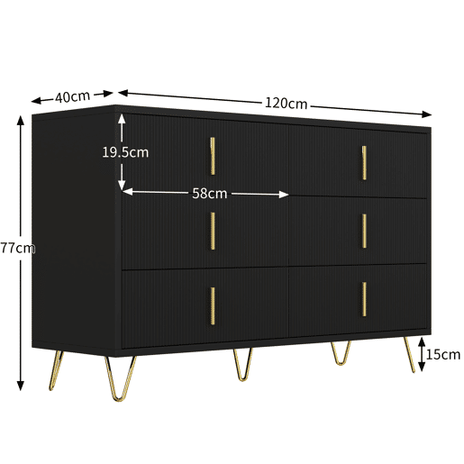 Aparador 120x40x77 cm - com 6 gavetas - puxadores dourados - Preto