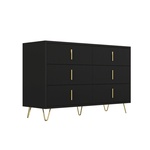 Aparador 120x40x77 cm - com 6 gavetas - puxadores dourados - Preto