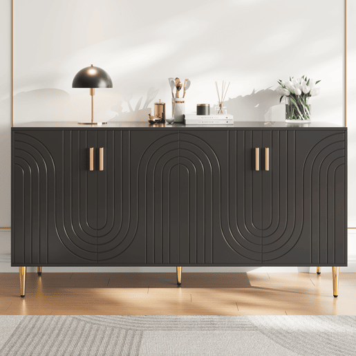 Aparador moderno - 4 portas com padrão ondulado - em MDF - Preto