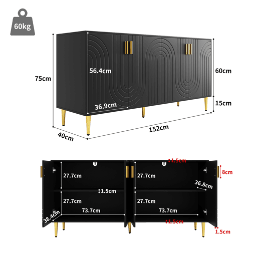 Aparador moderno - 4 portas com padrão ondulado - em MDF - Preto