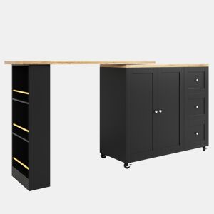 Aparador, armário de bar giratório - MDF - 3 gavetas e 2 portas - Preto