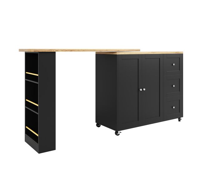 Aparador, mueble bar giratorio - mdf - 3 cajones y 2 puertas - negro