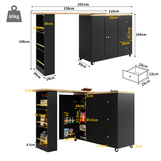 Aparador, armário de bar giratório - MDF - 3 gavetas e 2 portas - Preto