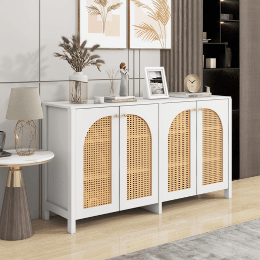 Aparador moderno com prateleiras reguláveis - portas de rotim - MDF - Branco