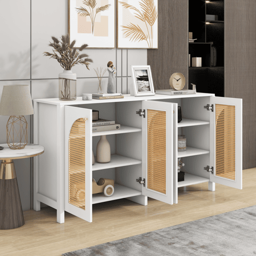Aparador moderno com prateleiras reguláveis - portas de rotim - MDF - Branco