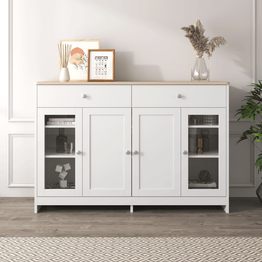 Aparador com 2 gavetas e portas de vidro - para sala de estar e sala de jantar - Branco