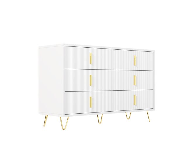 Aparador 120x40x77 cm - con 6 cajones - tiradores dorados - blanco