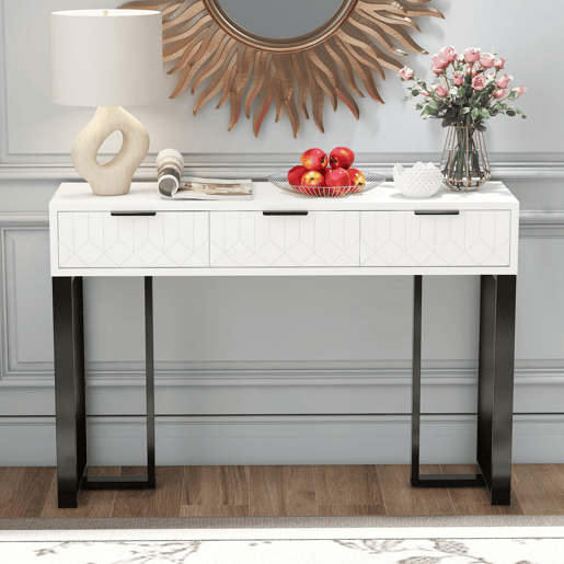 Mesa de consola moderna, com 2 gavetas, pés reguláveis, branco e preto