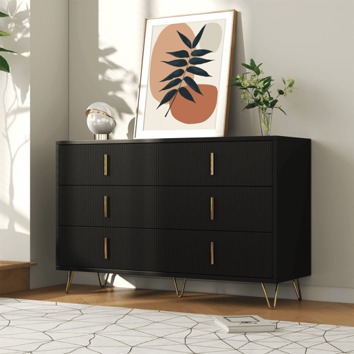 Aparador 120x40x77 cm - com 6 gavetas - puxadores dourados - Preto