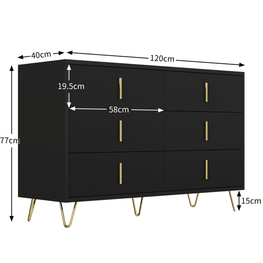 Aparador 120x40x77 cm - com 6 gavetas - puxadores dourados - Preto