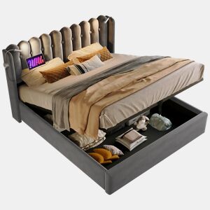 Cama de casal de veludo 160x200cm com armazenamento,cinzento