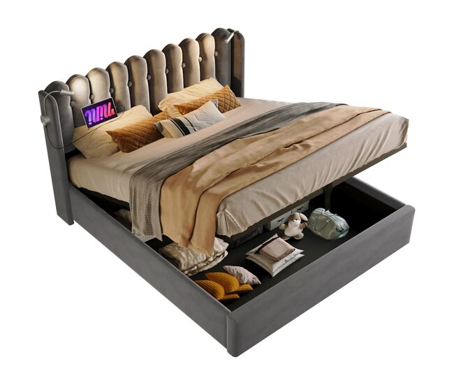 Cama de matrimonio de terciopelo 160x200cm con almacenaje,gris