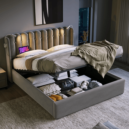 Cama de casal de veludo 160x200cm com armazenamento,cinzento