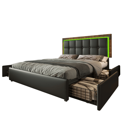 Cama de casal de pu 140x200cm com 4 gavetas,luz led,preto