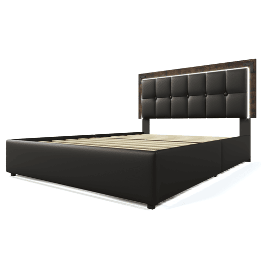 Cama de casal de pu 140x200cm com 4 gavetas,luz led,preto