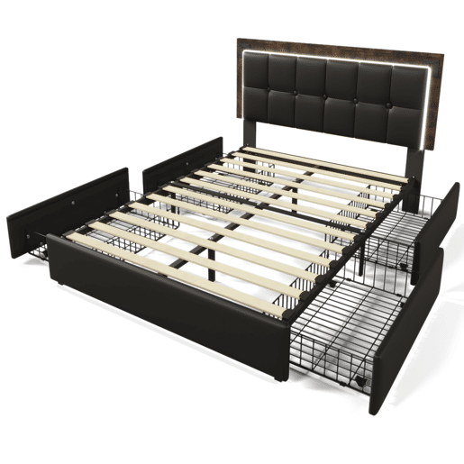 Cama de casal de pu 140x200cm com 4 gavetas,luz led,preto