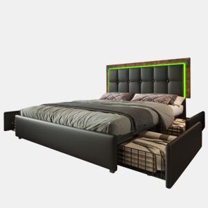 Cama de casal de pu 160x200cm com 4 gavetas,luz led,preto