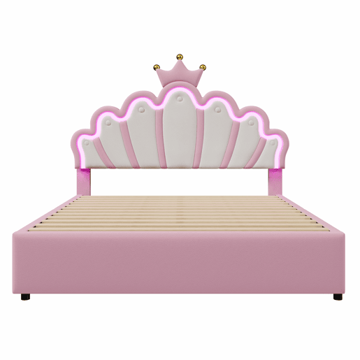Cama de criança estofada 140x200 cm - com LED e 2 gavetas - Rosa