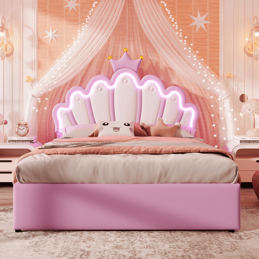 Cama de criança estofada 140x200 cm - com LED e 2 gavetas - Rosa