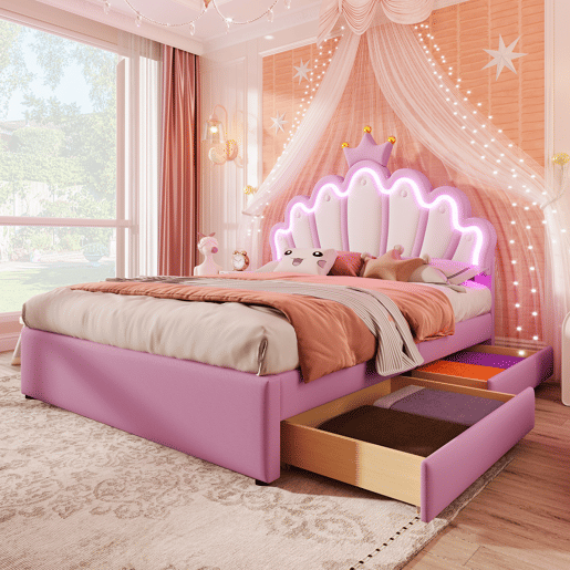 Cama de criança estofada 140x200 cm - com LED e 2 gavetas - Rosa