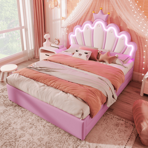 Cama de criança estofada 140x200 cm - com LED e 2 gavetas - Rosa