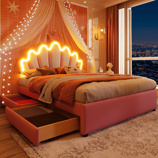 Cama de criança estofada 140x200 cm - com LED e 2 gavetas - Rosa