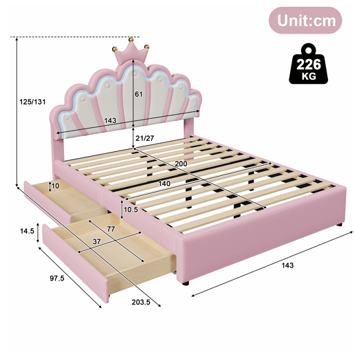 Cama de criança estofada 140x200 cm - com LED e 2 gavetas - Rosa
