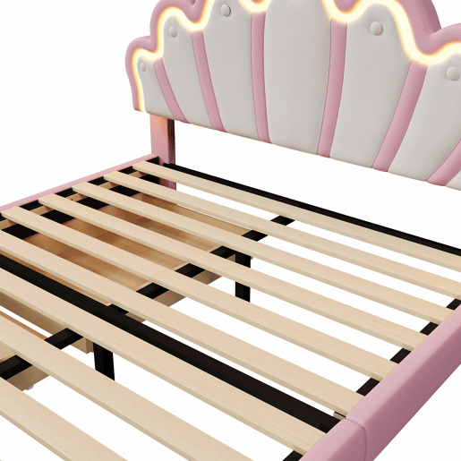 Cama de criança estofada 140x200 cm - com LED e 2 gavetas - Rosa