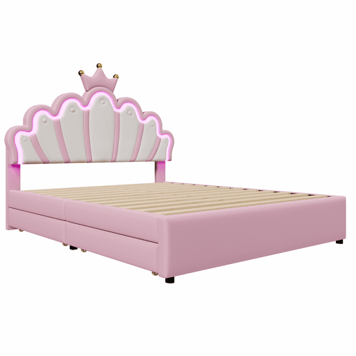 Cama de criança estofada 140x200 cm - com LED e 2 gavetas - Rosa